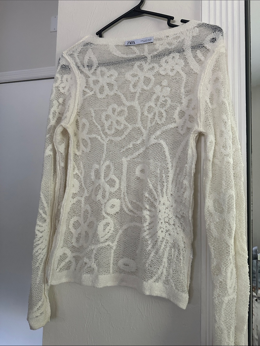Zara Ivory Floral Sheer Knit Long Sleeve Top